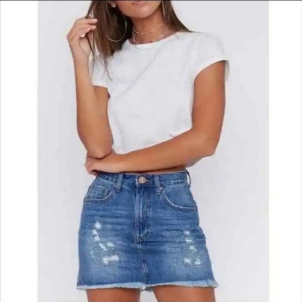 One Teaspoon high waist super fitted distressed denim mini skirt